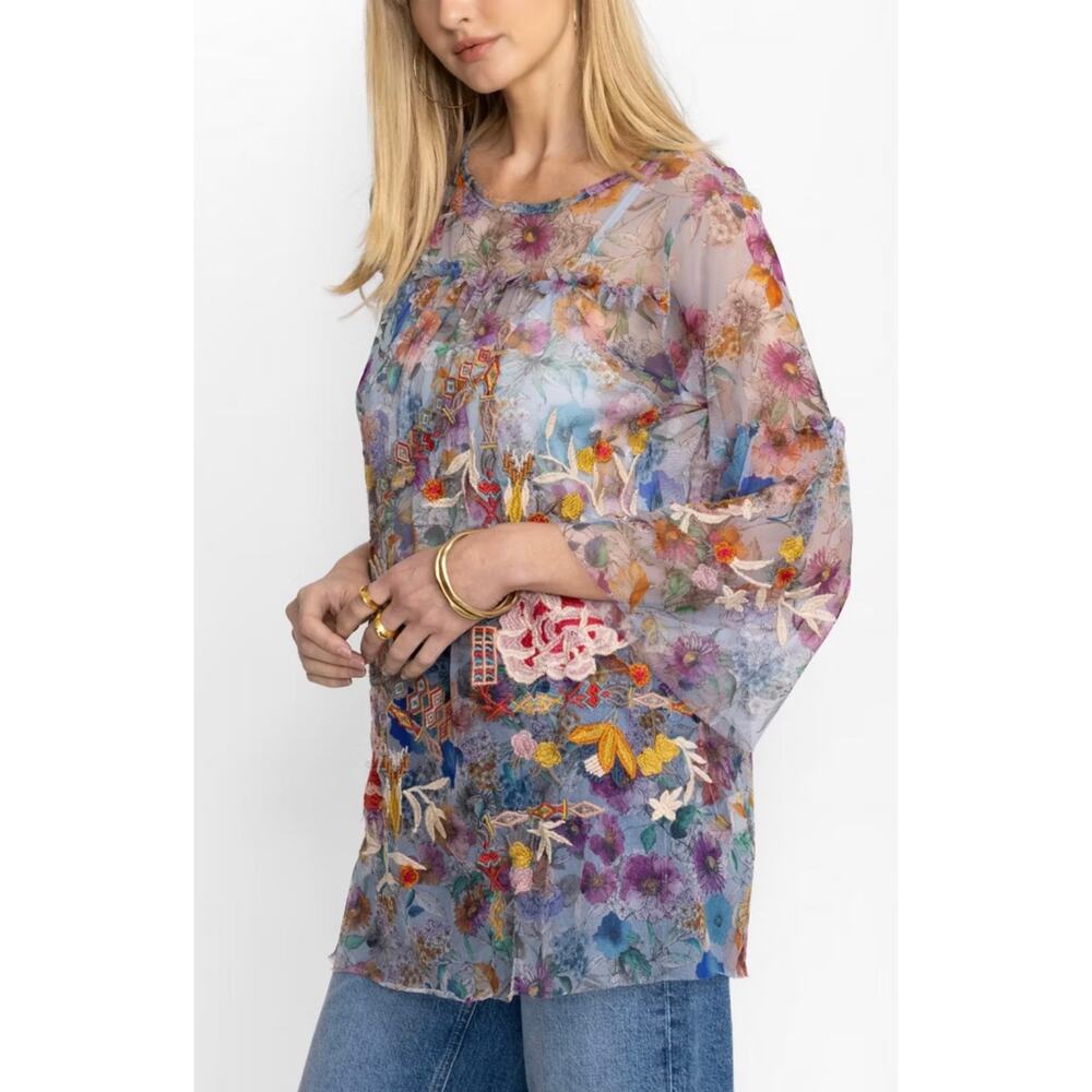 Johnny Was Biya Flora Dancer Mesh Top Floral Embroidered Blouse Medium - Picture 2 of 13